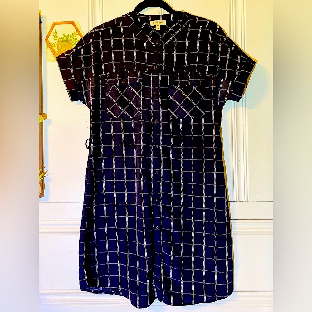 Monteau - Navy Plaid Button-Up Dress. Machine washable - Picture 2 of 7